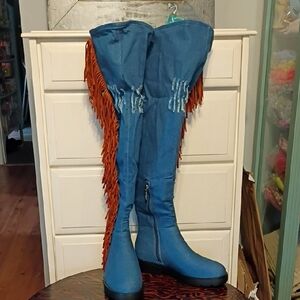Cape Robbin Blue Denim Over-the-Knee Fringe Boots